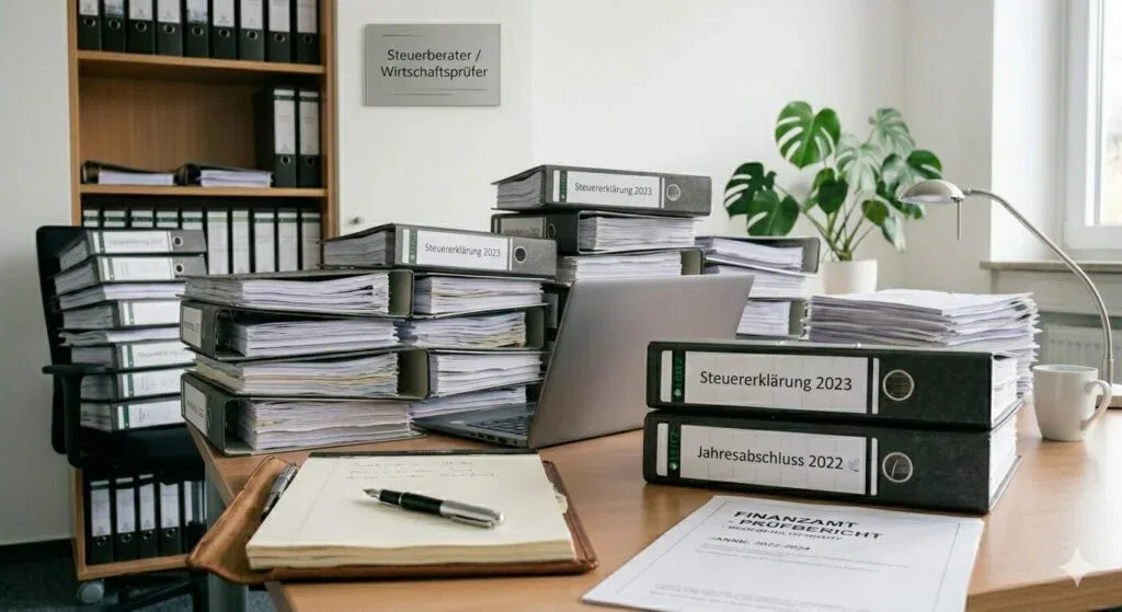 Außenprüfung - Aktenordnern, Laptop mit Datenexport